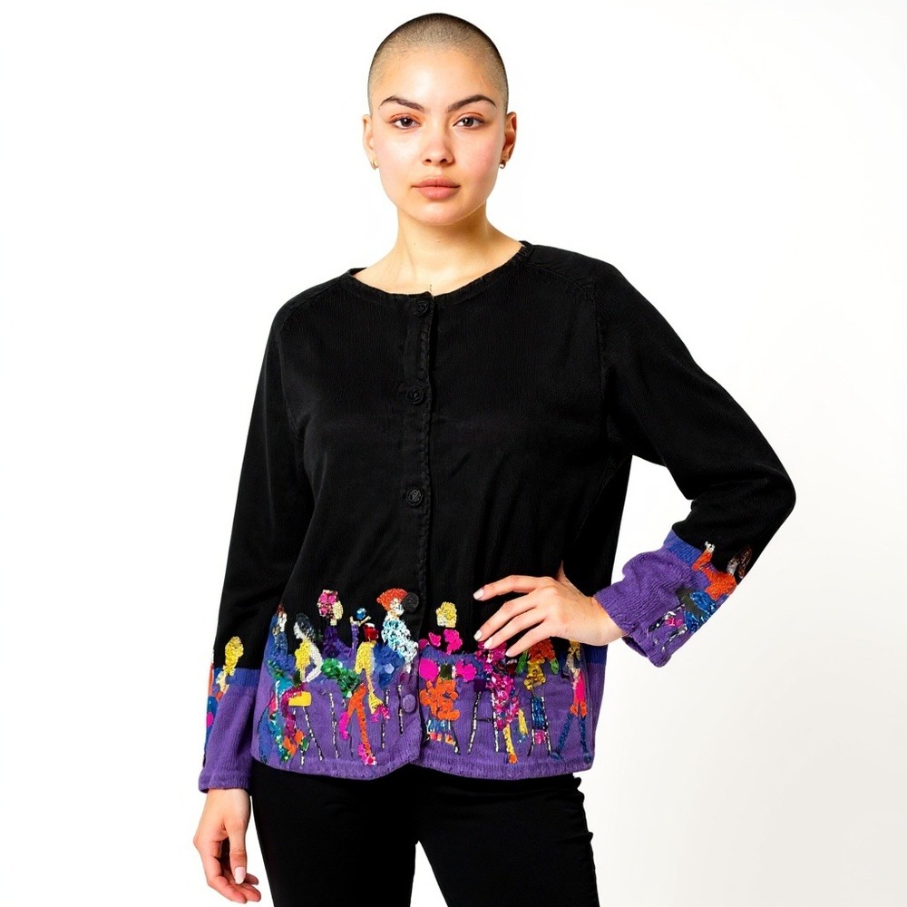 VTG Michael Simon‎ L Girls Night Out Black Sequin Cardigan Sweater Artsy Novelty